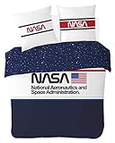 NASA - Biancheria da letto 200 x 200 cm, 100% cotone, blu e bianco