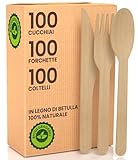 Set Posate Ecologiche in Legno di Betulla 100 Forchette + 100 Coltelli + 100 Cucchiai - Monouso 100% Naturali Biodegradabili e Compostabili Usa e Getta